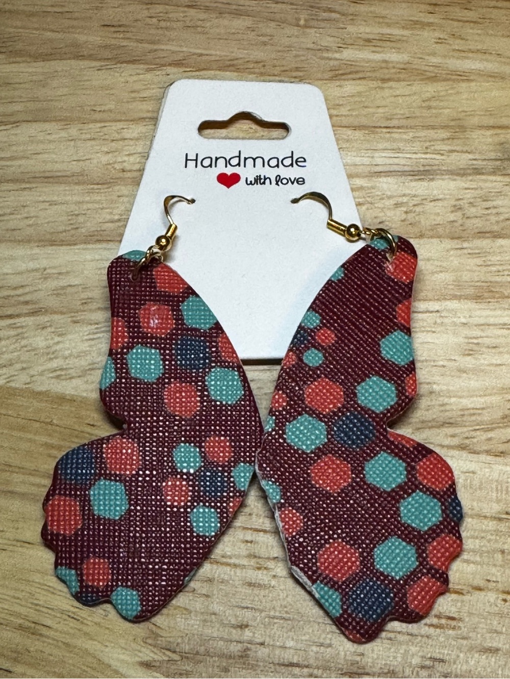 Hand Crafted Red Butterfly Earrings with Teal and Coral Dots